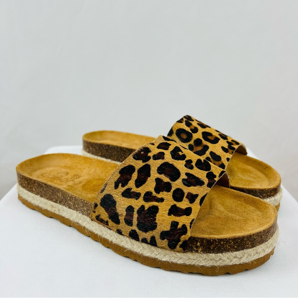 Yokono Womens Calf Hair/Leather Leopard Print Jute Trim Slides